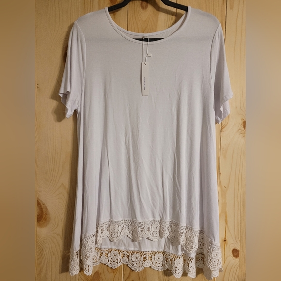 QIXING Short Sleeve Top Plus Size XXL Color White lace bottom - Picture 1 of 6